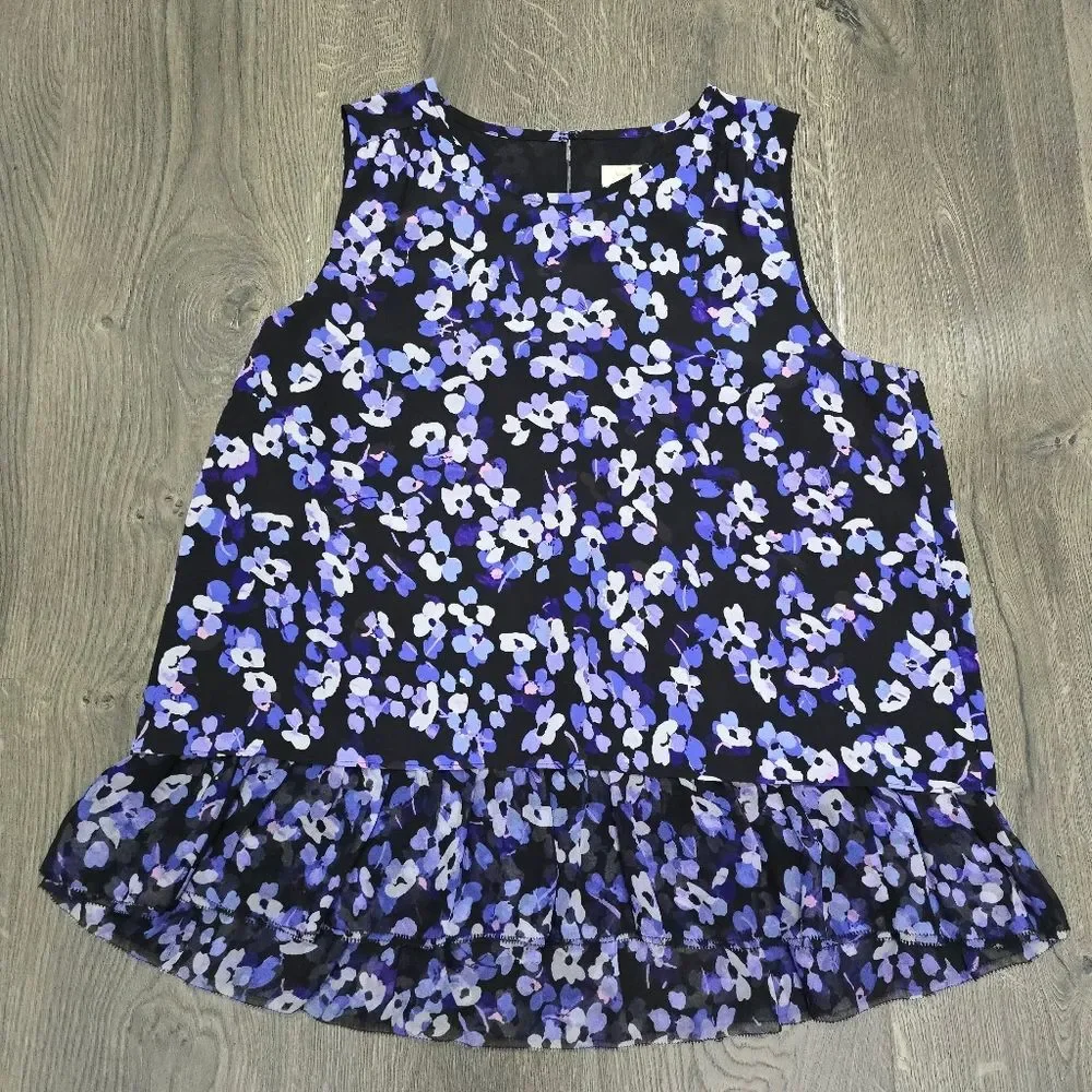 Kate Spade Black Purple Hydrangea Floral Print Layered Ruffle Blouse Top Medium